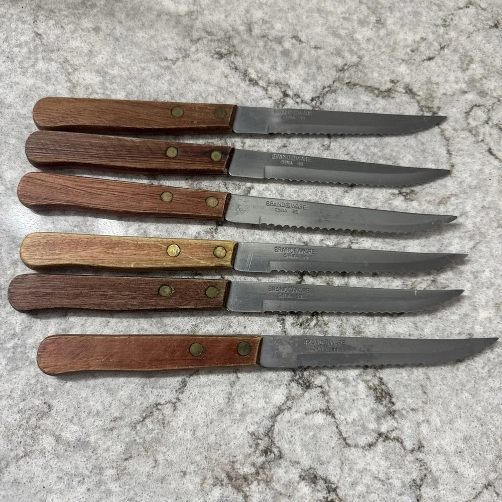 6 Vintage Brand Ware Stainless Steel Steak Knives Wooden Handles Dainty
